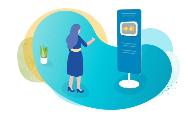 Illustration showing a lady holding her thumb up in front of a survey kiosk