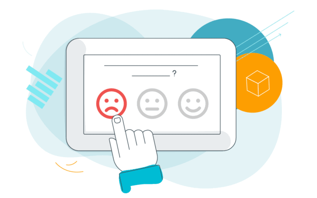 Illustration of a hand pointing at an unhappy face in survey