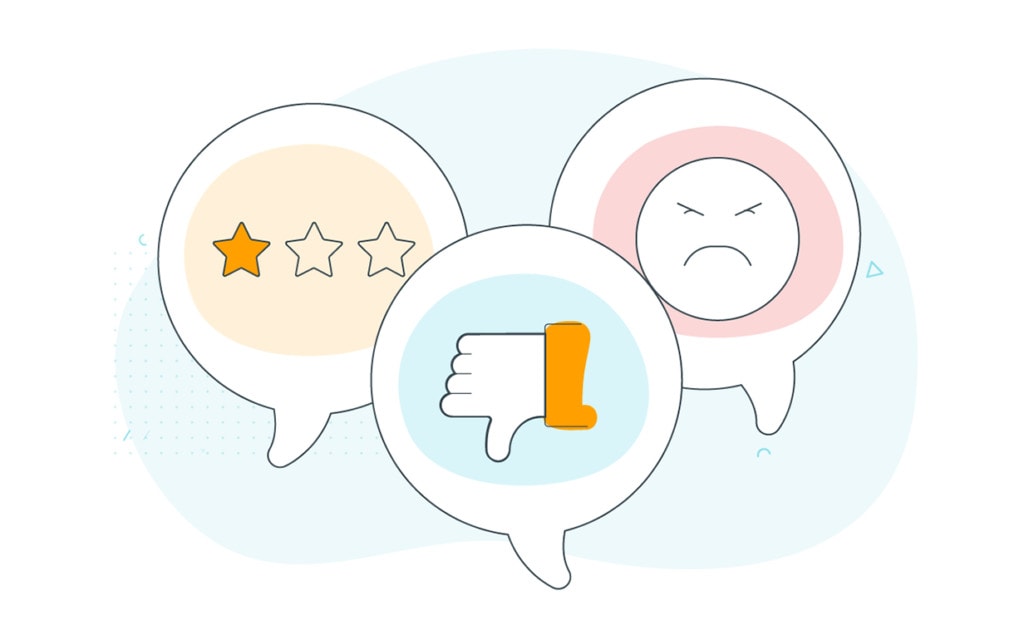 illustration of bad reviews - one star, unhappy face and thumb down