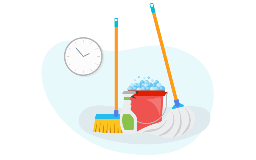 Illustration presenting cleaning supplies and a clock