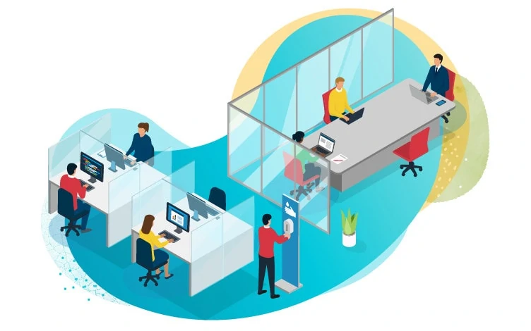 Illustration presenting socially-distanced workers in the office